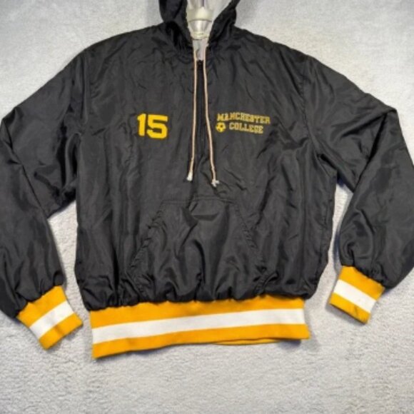 Vintage 80s Neff Manchester College Soccer Spartan Pullover Jacket Black/Gold M - Picture 1 of 8